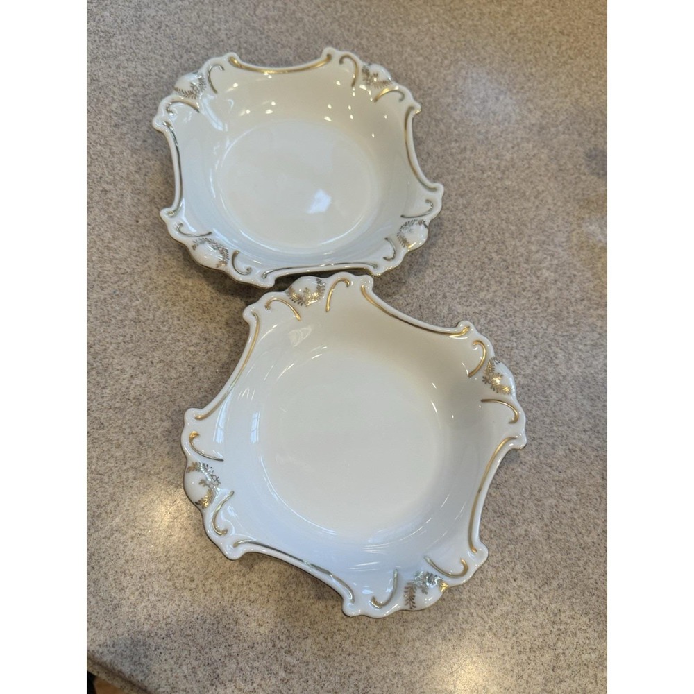 White Porcelain Dish With Gold Scroll Design On Scalloped Edge set Of 2 Vintage